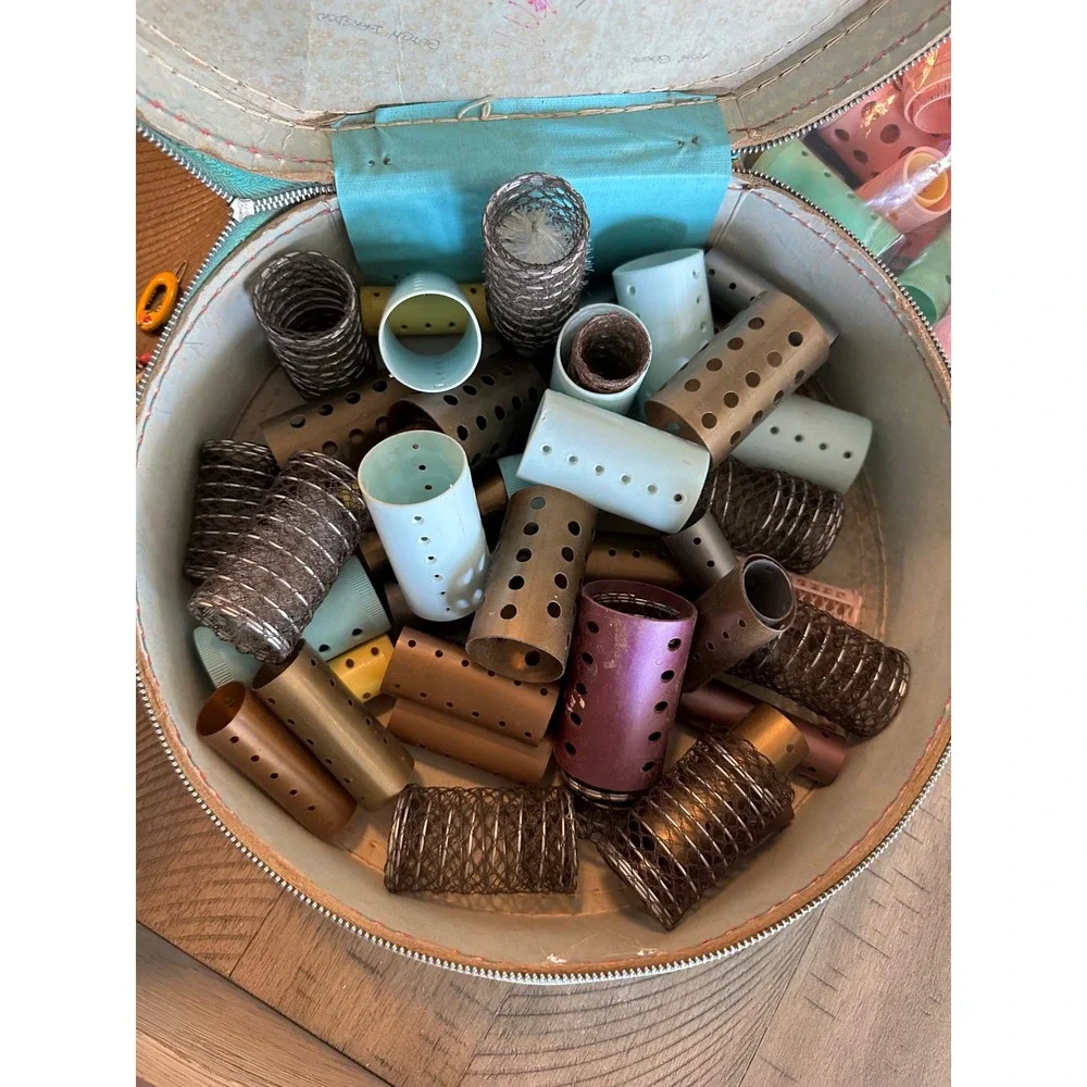 Vintage 1960 MidCentury HairRoller Set with Patch Travel Case Wire Brush Rollers